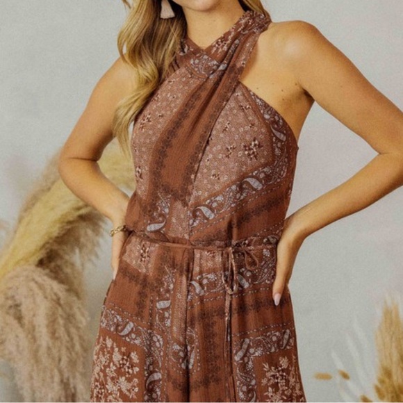 Endless Blue New nwt Brown Patterned Jumpsuit sz S cross cross - Picture 2 of 5